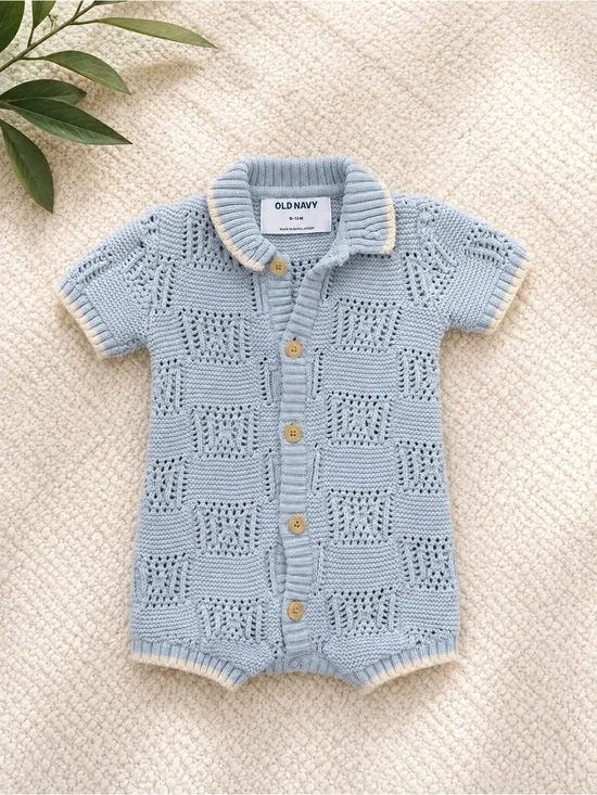 Old Navy Blue Knit Short-Sleeve Baby One-Piece with Cream Trim