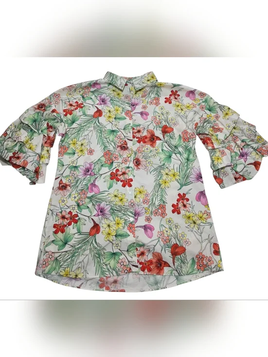 Zara Woman Colorful Botanical Print Blouse With Tiered Puff Sleeves Size Small