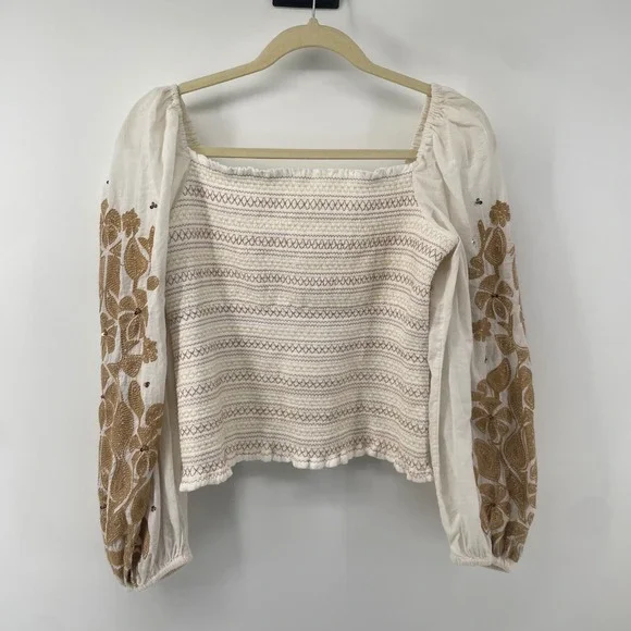 Anthropologie Blouse Womens L Ivory Smocked Embroidered Puff Sleeve Boho Peasant
