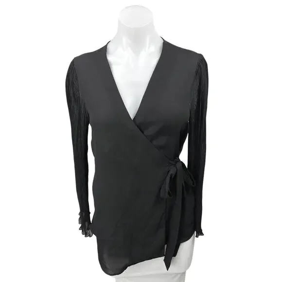 Zara Black Pleated Long Sleeve Career Lightweight V Neck Wrap Blouse Top Size S