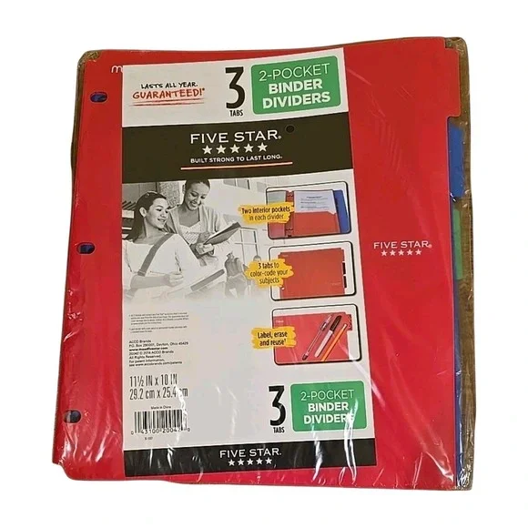 Five‎ Star 3 Tab 2-Pocket Binder Dividers Color Coded School Supplies NEW