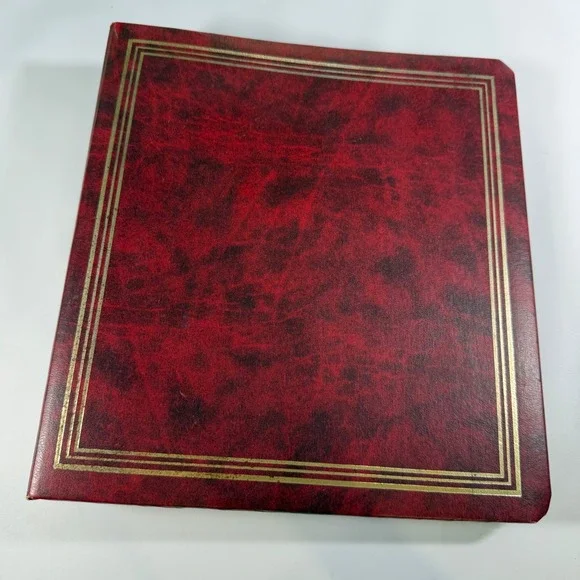VTG Photo Album Binder 20 Pages Large Burgundy Gold Trim Faux Leather Dark Decor