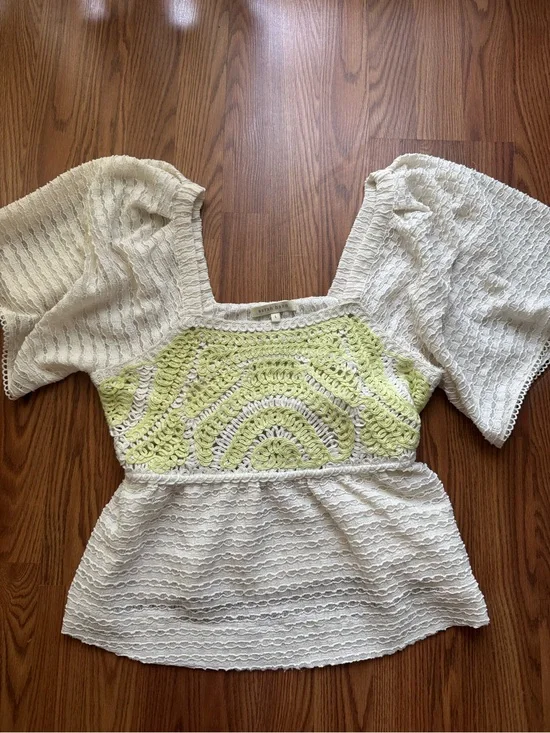 Anthropologie Sarah Hann Textured Crochet Puff Sleeve Top | Size Large