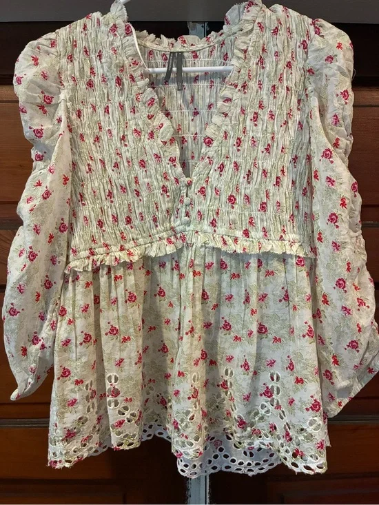 Anthropologie Floral Smocked Peplum Blouse Eyelet Puff Sleeve Top Medium