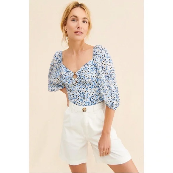 Anthropologie Hutch Cut-Out Puff Sleeve Blouse in Blue & White Floral‎