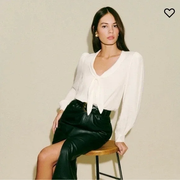 Reformation Anaya Top Gossamer White Tie Neck Puff Sleeve Blouse XS NEW