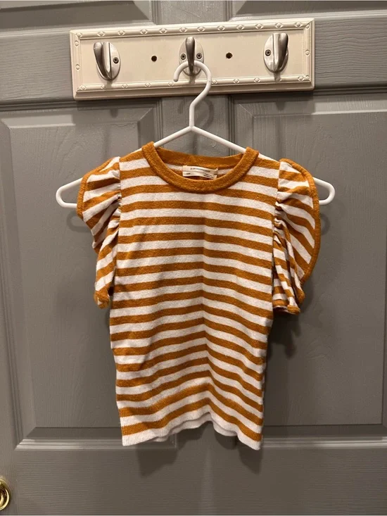 Anthropologie Striped Puff Sleeve Tee - White & Mustard