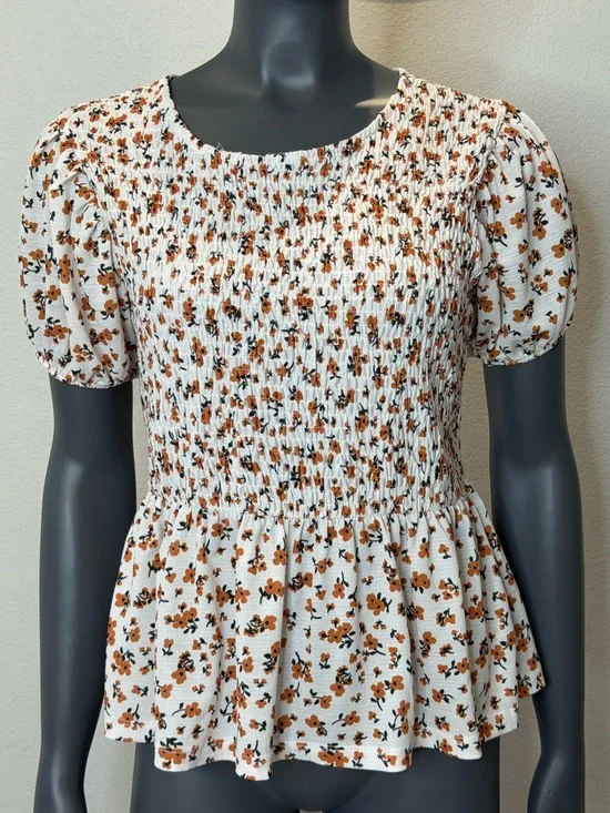 Zara White and Orange Floral Peplum Blouse Size M Summer Spring Bohemian Ruffle