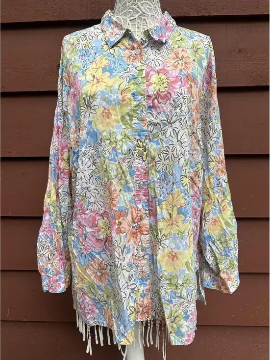 Koret Francisca Vintage Floral Button Front Blouse with Relaxed Oversized Fit