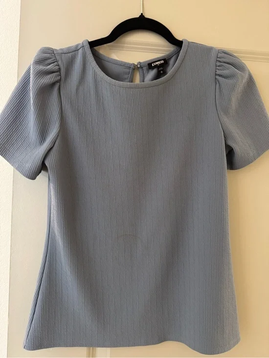 Express Dusty Blue Ribbed Puff Sleeve Top