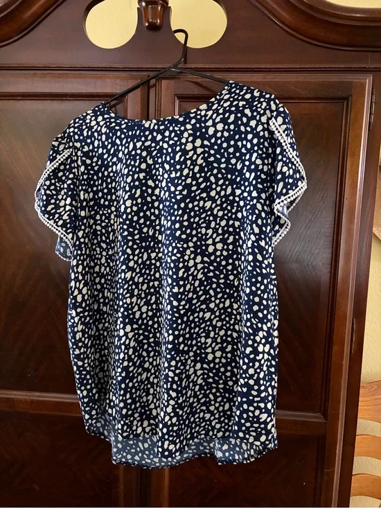 Navy and White Dotted Flutter Sleeve Blouse