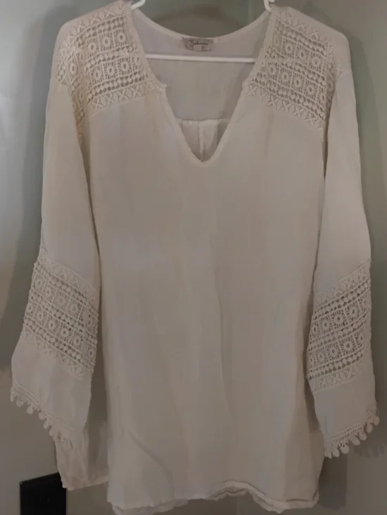 Bellambra Italian Boho White Crochet Lace Inset Tunic Blouse Plus Size 2X