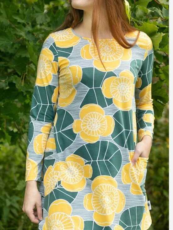 PaaPii Finland Kannel Tunic Organic Cotton Yellow & Green Floral Lagenlook LARGE