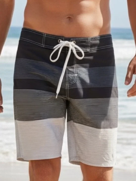 Men's Black & Gray Striped Swim Trunks w liner SZ 32 EUC Resortwear Vacation