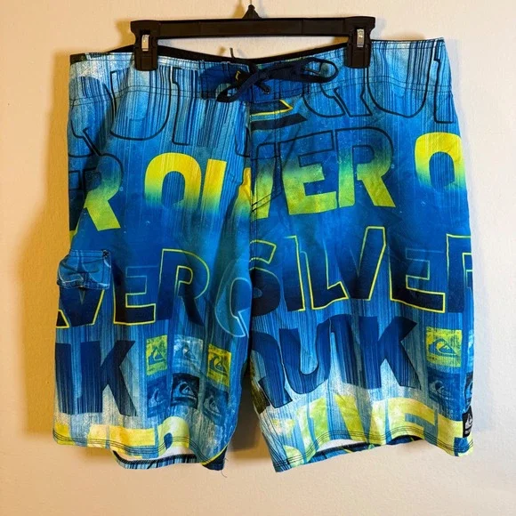 Quiksilver‎ Mens Blue Yellow Diamond Dolby Logo Board Shorts Swim Trunks Size 38