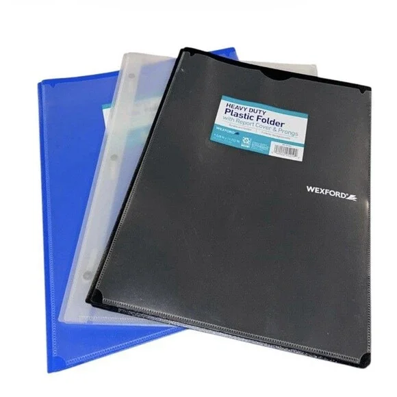 3x Wexford Heavy Duty 2 Pocket Plastic Folders w/ Report Cover & Prongs 9.5x11