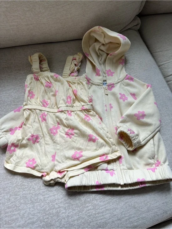 Cream & Pink Floral Baby Hoodie + Romper Set