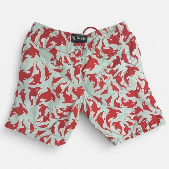Vilebrequin Swim Trunks Mens 3XL Moorea Orca Whale Print Red‎ Mint Green AOP