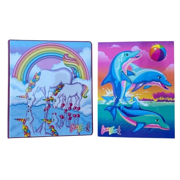 Lisa Frank Markie Unicorn Binder and Dancing Dolphins Folder Set Rainbow Retro