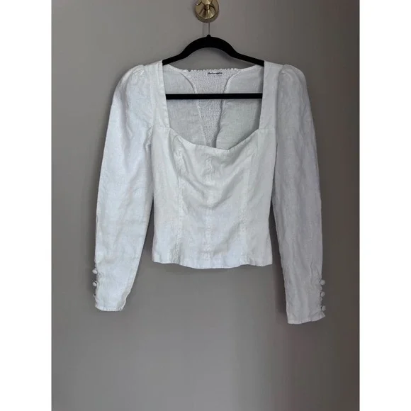 Reformation White 100% Linen Coquette Top Square Neck Smocked Back Puff Sleeve 2