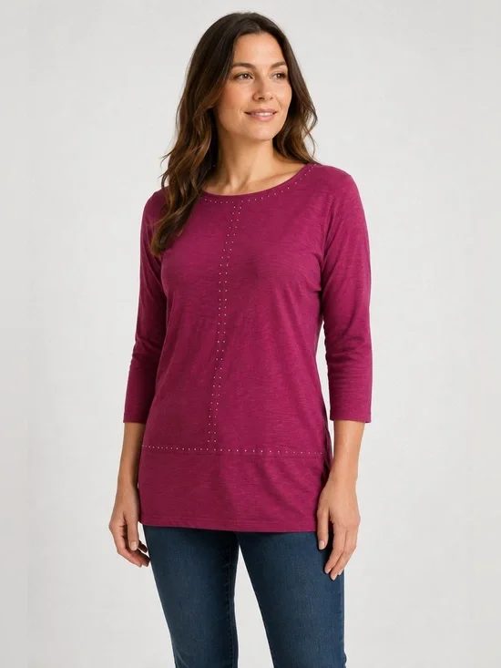 Lee Women’s Burgundy Embellished 3/4 Sleeve Tunic Top Size Large
