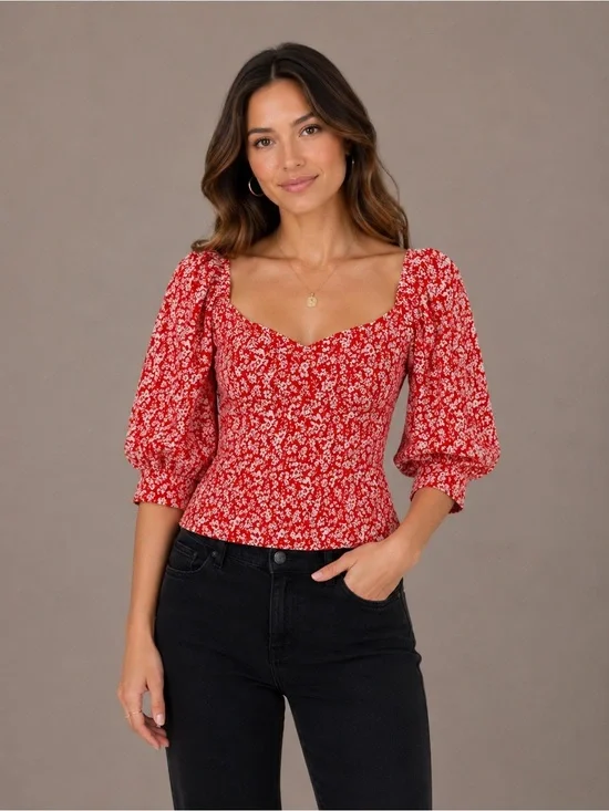 Anthropologie Top Women’s XS Shirt Floral Red Puff Sleeve Blouse B4