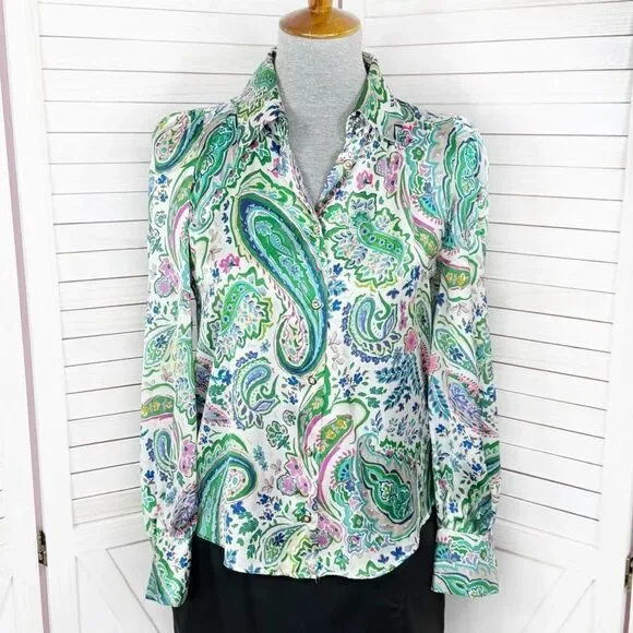 Zara Paisley Satin‎ Button Up Blouse White Multi Small