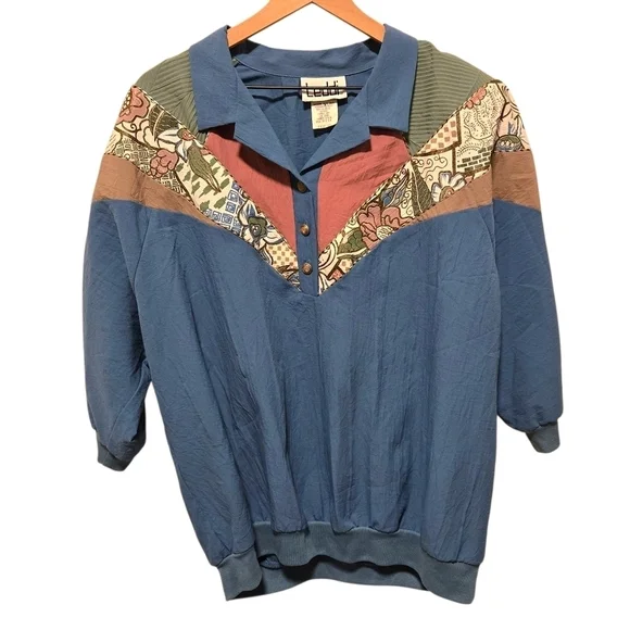 Teddi Vintage 80s Floral Abstract Colorblock Long Sleeve Pullover Size 2X