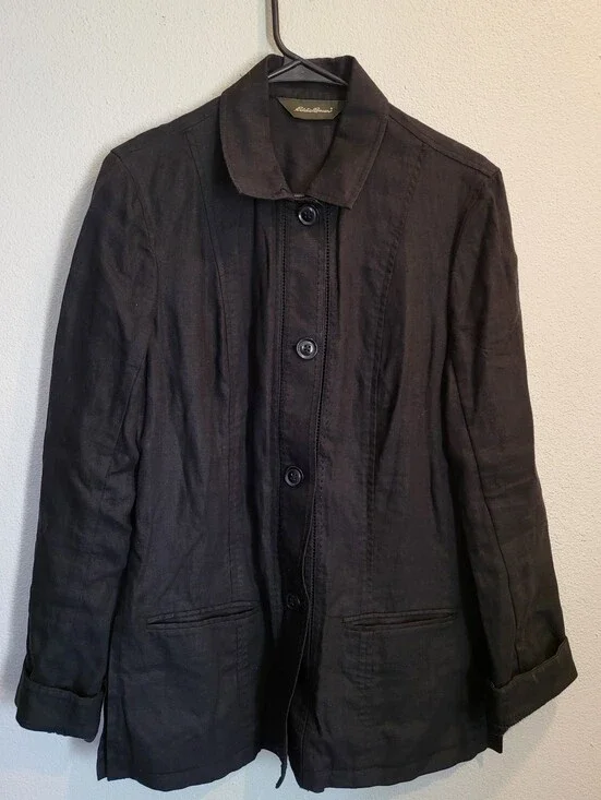 Eddie Bauer Black Linen Button Down Shirt With Eyelet Detail Women's Size M Tall