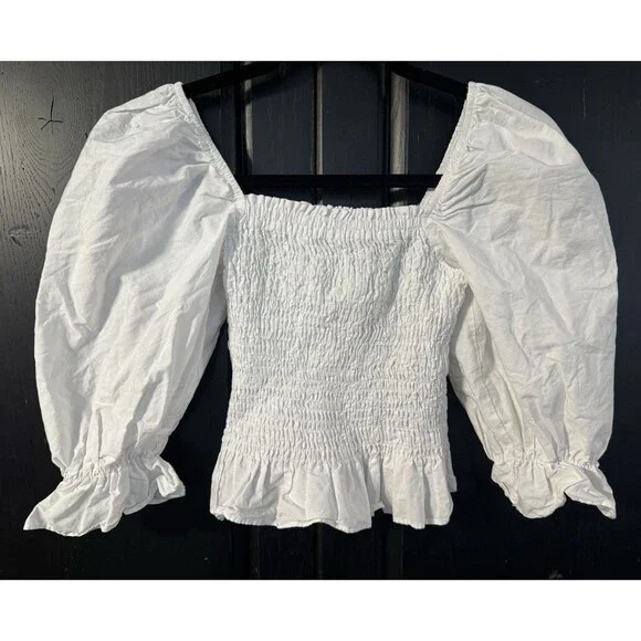 ZARA White Peasant Square Neck Puff Long Sleeve Smocked Cotton Blouse XS