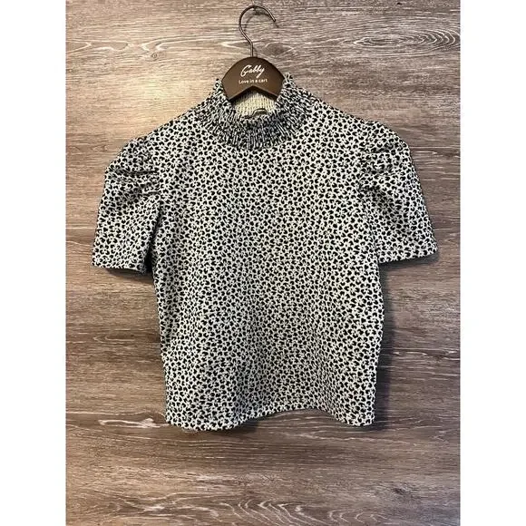 Zara Black and White Smocked Neck Short Sleeve Blouse