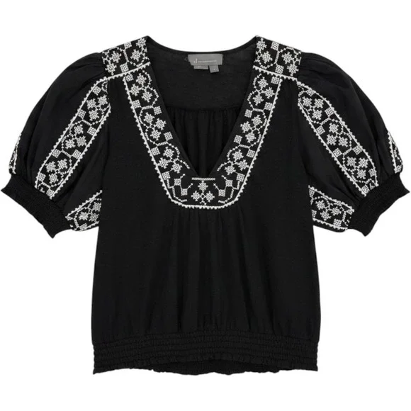Anthropologie Embroidered Puff Sleeve Smocked Waist Blouse Black White Small