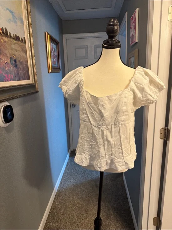 Anthropologie White Puff Sleeve Square-Neck Top