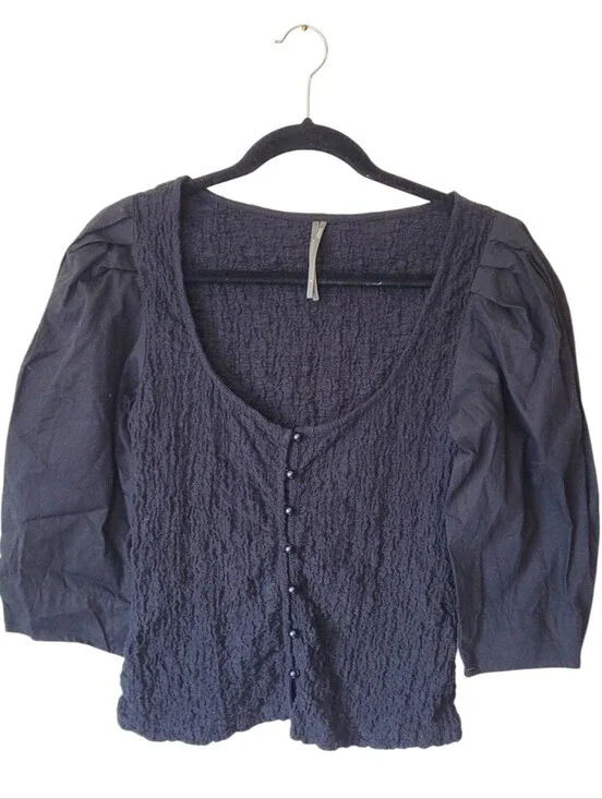 Anthropologie Black Textured Smocked Button-Front Puff Sleeve Top Size M