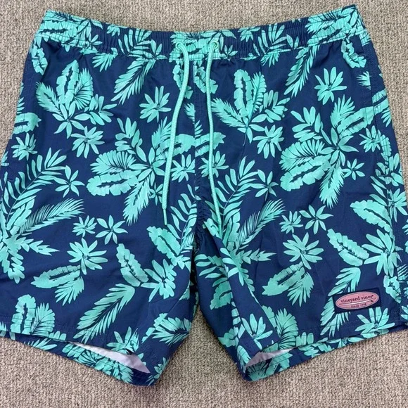 Vineyard Vines Mens M Blue Tropical Palm Leaf Swim Trunks Board Shorts