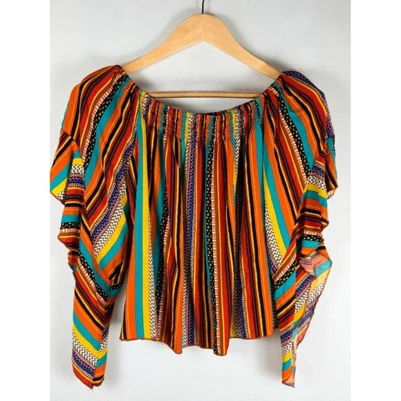 Multicolor Stripe Smocked Crop Top Medium Off Shoulder Flutter Sleeve