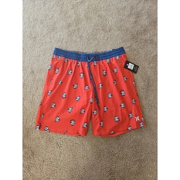 Hurley Red Volley Swim Shorts Stay Fly BBQ Patriotic Large