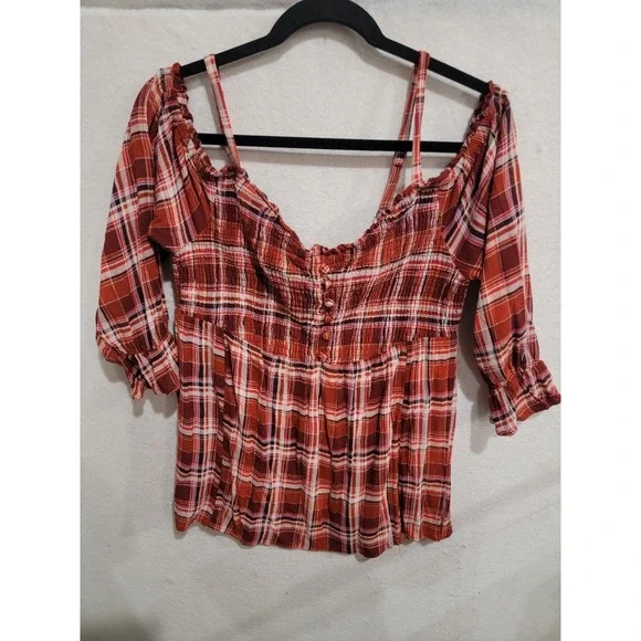 Torrid 00 Large Rust Plaid‎ Cold Shoulder Smocked Blouse Button Detail Rayon Top