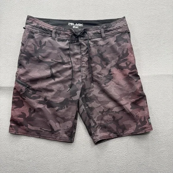Pelagic Board Shorts Mens 36 Red Camo Swim Trunks Stretch Quick Dry Fishing