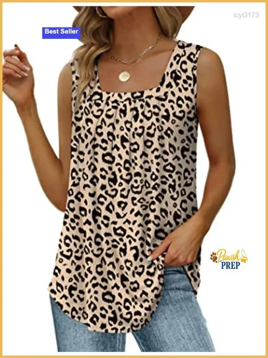 Loose Fit Pleated Square Neck Tank Top Sleeveless Curved Hem Flowy