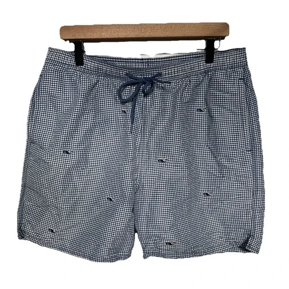 Vineyard Vines Swim‎ Trunks Whale Check Pattern Blue White Men's Size Large EUC