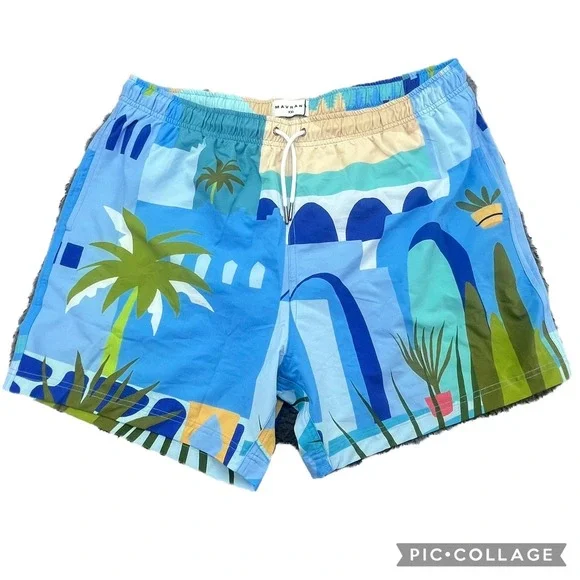 MAVRANS Mens Moroccan Swim Shorts XXL Blue Print Elastic‎ Waist Drawstring NEW