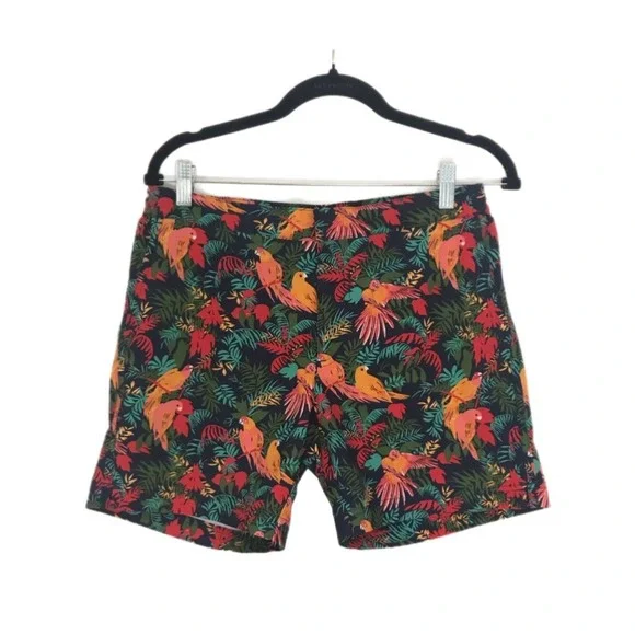 Fair Harbor Swim Shorts Mens Size 30 Black Parrot Tropical Board Trunks Lined