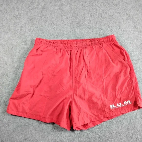 Vintage‎ B.U.M. Equipment Mens XL Red Nylon Vintage 90s Swim Trunks Lined Shorts