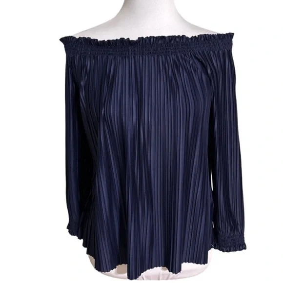 Banana Republic Navy Pleated Off-Shoulder Blouse