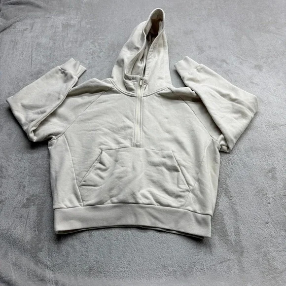 Athleta Coaster Luxe Hoodie Womens Medium Cream Quarter Zip Fleece Pullover Cozy