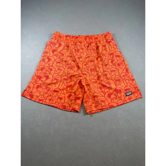 SAXX Go Coastal 2N1 Volley Swim Shorts Mens Large Orange Red Bird Print 7 Inseam