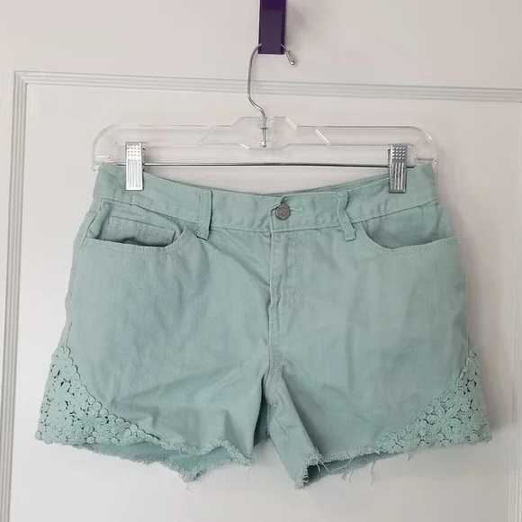 Size 16 Mint Blue Green Old Navy Girl's Jean Shorts with Boho Crochet Trim