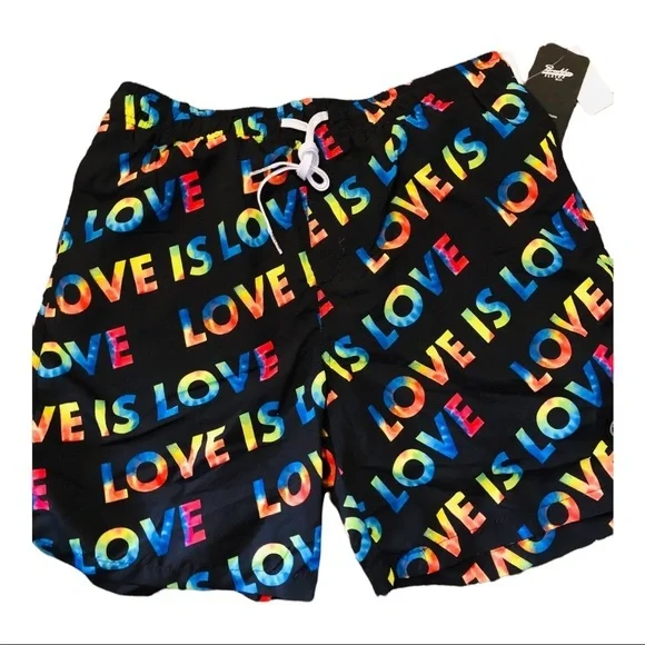 Black rainbow‎ printed ‘love is love’ men swim trunks New size large