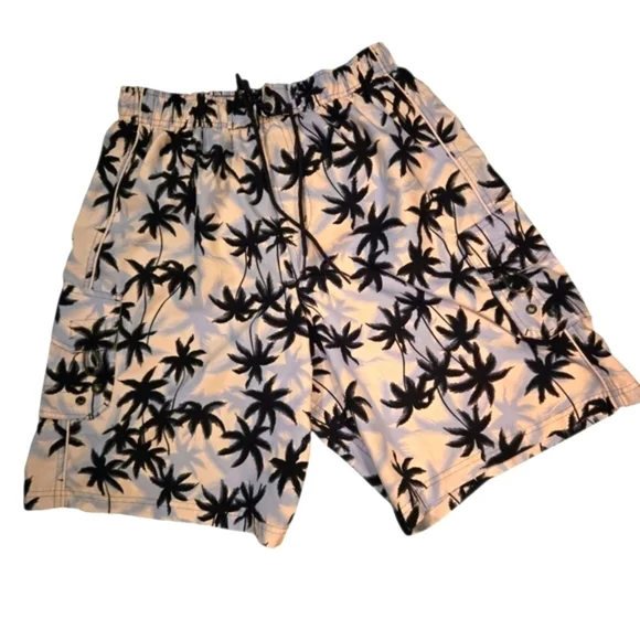 Islander Palm Tree Print Men's Medium Swim Trunks Board Shorts Blue Black White